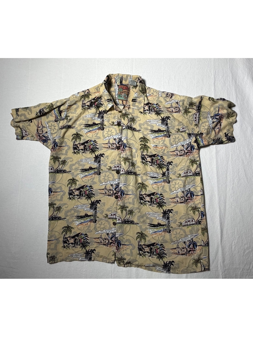 Vintage Pineapple Connections Hawaiian Shirt M Rayon Cars Campers Beach Surf